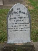 James Frederick GOODWIN, drowned at Koreelah Creek, died 11-3-1925 aged 42 years, erected by parents brothers sisters; Oswald Sydney GOODWIN, accidentally killed 13 Nov 1958 aged 43 years, erected mother & sisters; Rose Ethele GOODWIN, born 9-11-1893, died 31-3-1983; Killarney cemetery, Warwick Shire 