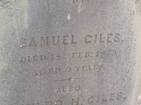 Samuel GILES  | d: 18 Feb 1829 aged 9 years  |   | Edward H GILES  | d: 18 Jul 1839  | aged 8 mo  |   | This stone erected by their brothers and sisters 1889  |   | Kingscote historic cemetery - Reeves Point, Kangaroo Island, South Australia  |   | 