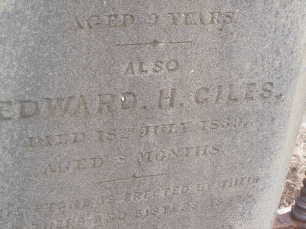 Samuel GILES  | d: 18 Feb 1829 aged 9 years  |   | Edward H GILES  | d: 18 Jul 1839  | aged 8 mo  |   | This stone erected by their brothers and sisters 1889  |   | Kingscote historic cemetery - Reeves Point, Kangaroo Island, South Australia  |   | 