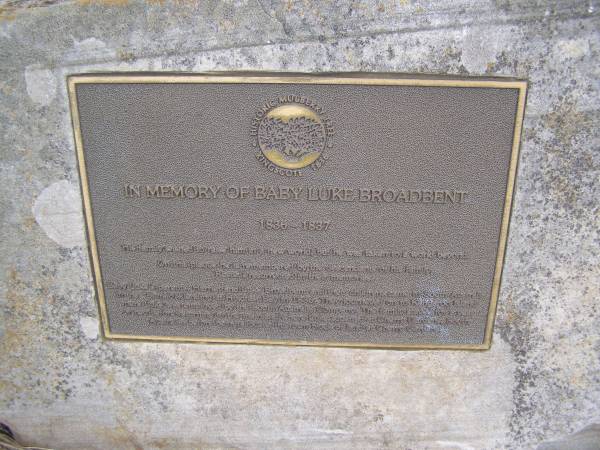 Baby Luke BROADBENT  | 1836 - 1837  | parents Harriet and Luke BROADBENT and their children came to South Australia  | in the Buffalo landing at Holdfast Bay in 1836. They journeyed on to Kangaroo Island  | where Luke was employed by the South Australia Company. The family stayed for a year  | or two before returning to the mainland where Luke squatted at Cherry Gardens South Australia  | before being allocated his own block of land at Cherry Gardens.  |   | Kingscote historic cemetery - Reeves Point, Kangaroo Island, South Australia  |   | 