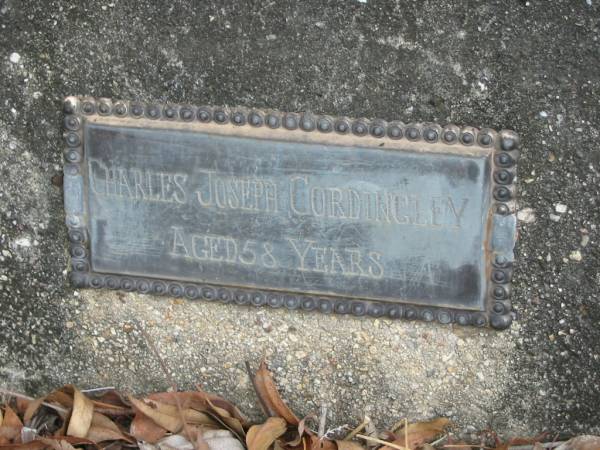 Joseph CORDINGLEY,  | died 4 Nov 1921 aged 65 years;  | Ann, wife,  | died 24 Aug 1941 aged 90 years;  | George, son,  | died 15 Dec 1916 aged 32 years;  | Charles Joseph CORDINLEY,  | aged 58 years;  | Kingston Pioneer Cemetery, Logan City  | 