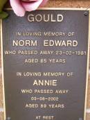 Norm Edward GOULD, died 23-02-1981 aged 65 years; Annie GOULD, died 03-08-2002 aged 89 years; Lawnton cemetery, Pine Rivers Shire 