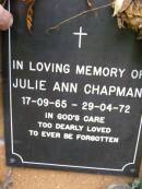 
Julie Ann CHAPMAN,
17-09-65 - 29-04-72;
Lawnton cemetery, Pine Rivers Shire
