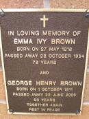 Emma Ivy BROWN, born 27 May 1916, died 28 Oct 1994 aged 78 years; George Henry BROWN, born 1 Oct 1911, died 22 June 2005 aged 93 years; Lawnton cemetery, Pine Rivers Shire 