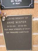 
Anne WINTER,
8-10-44 - 21-6-99;
Lawnton cemetery, Pine Rivers Shire
