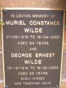 Muriel Constance WILDE, 01-09-1915 - 16-04-2000 aged 84 years; George Ernest WILDE, 08-12-1914 - 18-02-2003 aged 88 years; Lawnton cemetery, Pine Rivers Shire 