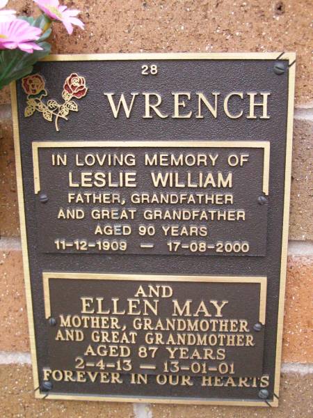 Leslie William WRENCH,  | father grandfather great-grandfather,  | 11-12-1909 - 17-08-2000 aged 90 years;  | Ellen May WRENCH,  | mother grandmother great-grandmother,  | 2-4-13 - 13-01-011 aged 87 years;  | Lawnton cemetery, Pine Rivers Shire  | 