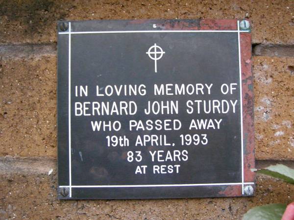 Bernard John STURDY,  | died 19 April 1993 aged 83 years;  | Lawnton cemetery, Pine Rivers Shire  | 