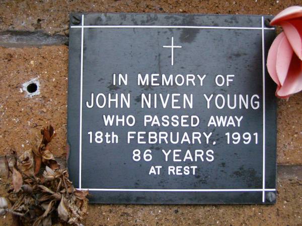 John Niven YOUNG,  | died 18 Feb 1991 aged 86 years;  | Lawnton cemetery, Pine Rivers Shire  | 