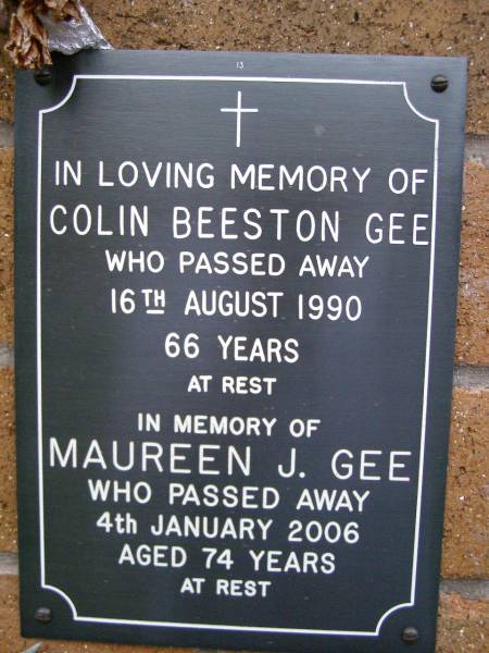 Colin Beeston GEE,  | died 16 Aug 1990 aged 66 years;  | Maureen J. GEE,  | died 4 Jan 2006 aged 74 years;  | Lawnton cemetery, Pine Rivers Shire  | 