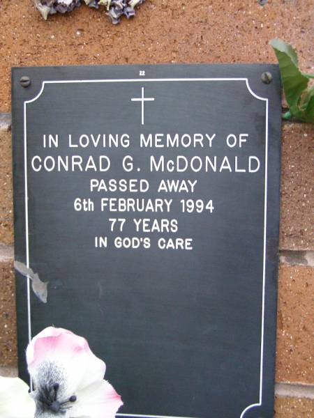 Conrad G. MCDONALD,  | died 6 Feb 1994 aged 77 years;  | Lawnton cemetery, Pine Rivers Shire  | 