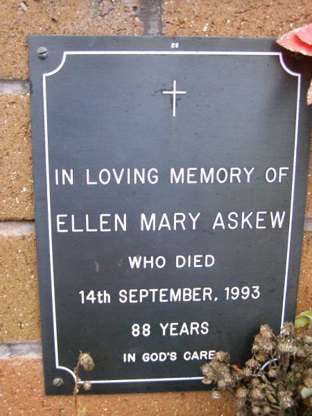 Ellen Mary ASKEW,  | died 14 Sept 1993 aged 88 years;  | Lawnton cemetery, Pine Rivers Shire  | 