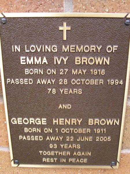 Emma Ivy BROWN,  | born 27 May 1916,  | died 28 Oct 1994 aged 78 years;  | George Henry BROWN,  | born 1 Oct 1911,  | died 22 June 2005 aged 93 years;  | Lawnton cemetery, Pine Rivers Shire  | 