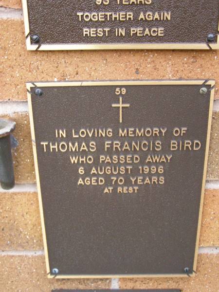 Thomas Francis BIRD,  | died 6 Aug 1996 aged 70 years;  | Lawnton cemetery, Pine Rivers Shire  | 