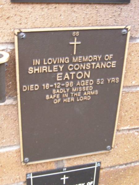 Shirley Constance EATON,  | died 16-12-96 aged 52 years;  | Lawnton cemetery, Pine Rivers Shire  | 