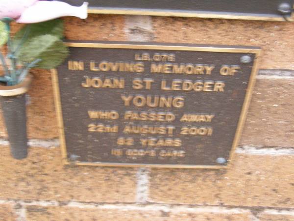 Joan St Ledger YOUNG,  | died 22 Aug 2001 aged 82 years;  | Lawnton cemetery, Pine Rivers Shire  | 