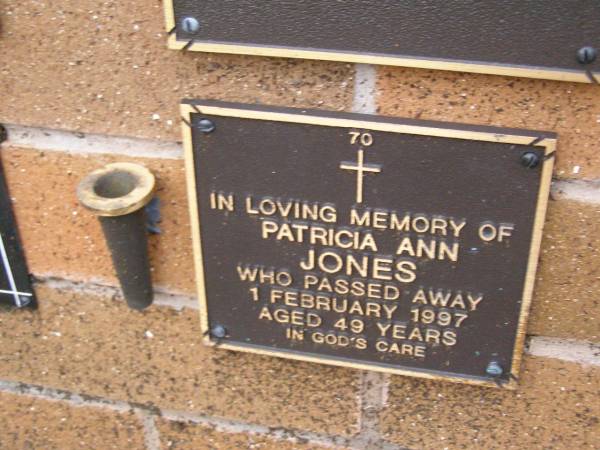 Patricia Ann JONES,  | died 1 Feb 1997 aged 49 years;  | Lawnton cemetery, Pine Rivers Shire  | 