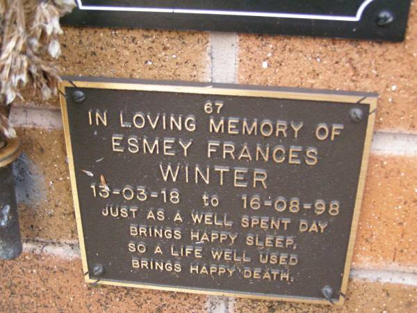 Esmey Frances WINTER,  | 13-03-18 - 16-08-98;  | Lawnton cemetery, Pine Rivers Shire  | 