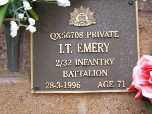 I.T. EMERY,  | died 28-3-1996 aged 71 years;  | Lawnton cemetery, Pine Rivers Shire  | 