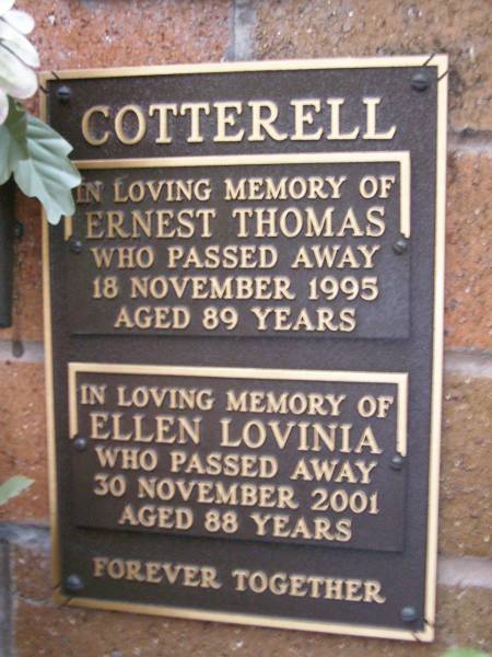 Ernest Thomas COTTERELL,  | died 18 Nov 1995 aged 89 years;  | Ellen Lovinia COTTERELL,  | died 30 Nov 2001 aged 88 years;  | Lawnton cemetery, Pine Rivers Shire  | 