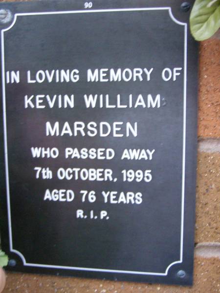 Kevin William MARSDEN,  | died 7 Oct 1995 aged 76 years;  | Lawnton cemetery, Pine Rivers Shire  | 