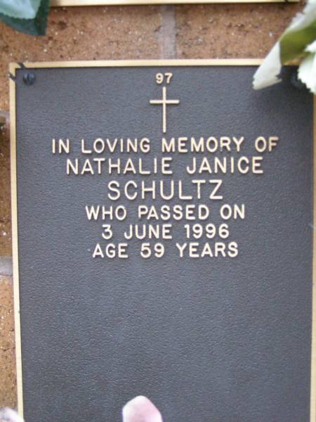Nathalie Janice SCHULTZ,  | died 3 June 1996 aged 59 years;  | Lawnton cemetery, Pine Rivers Shire  | 