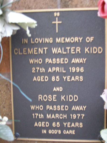 Clement Walter KIDD,  | died 27 April 1996 aged 85 years;  | Rose KIDD,  | died 17 March 1977 aged 65 years;  | Lawnton cemetery, Pine Rivers Shire  | 