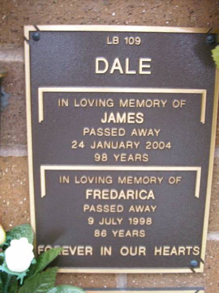 James DALE,  | died 24 Jan 2004 aged 98 years;  | Fredarica DALE,  | died 9 July 1998 aged 86 years;  | Lawnton cemetery, Pine Rivers Shire  | 