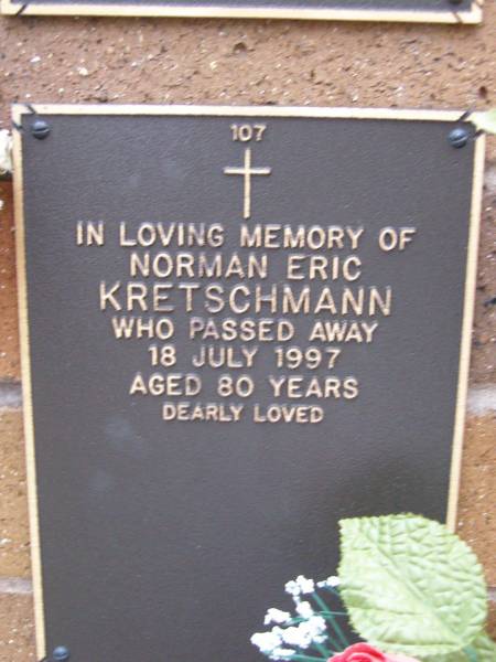 Norman Eric KRETSCHMANN,  | died 18 July 1997 aged 80 years;  | Lawnton cemetery, Pine Rivers Shire  | 