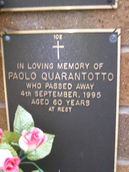 Paolo QUARANTOTTO,  | died 3 Sept 1995 aged 60 years;  | Lawnton cemetery, Pine Rivers Shire  | 