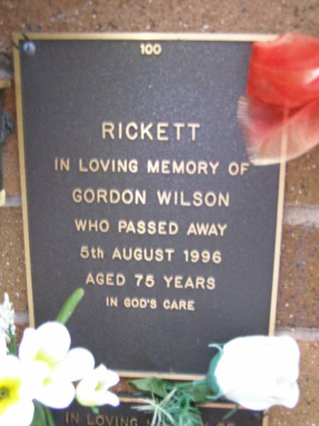 Gordon Wilson RICKETT,  | died 5 Aug 1996 aged 75 years;  | Lawnton cemetery, Pine Rivers Shire  | 