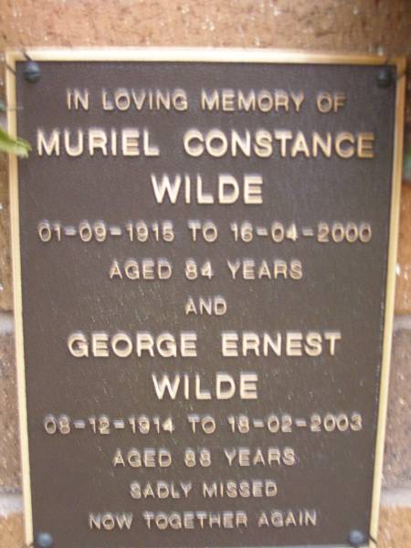 Muriel Constance WILDE,  | 01-09-1915 - 16-04-2000 aged 84 years;  | George Ernest WILDE,  | 08-12-1914 - 18-02-2003 aged 88 years;  | Lawnton cemetery, Pine Rivers Shire  | 
