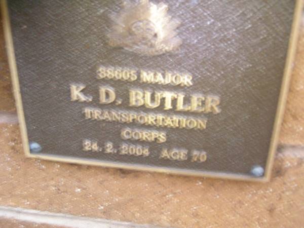 K.D. BUTLER,  | died 24-2-2004 aged 70 years;  | Lawnton cemetery, Pine Rivers Shire  | 