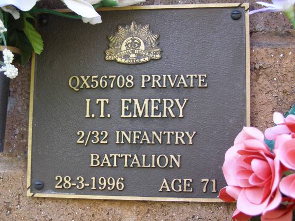 I.T. EMERY,  | died 28-3-1996 aged 71 years;  | Lawnton cemetery, Pine Rivers Shire  | 