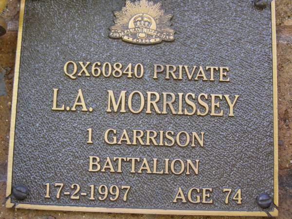 L.A. MORRISSEY,  | died 17-2-1997 aged 74 years;  | Lawnton cemetery, Pine Rivers Shire  | 