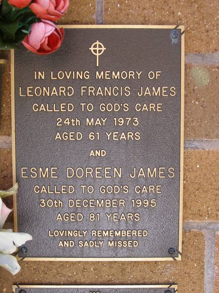 Leonard Francis JAMES,  | died 24 May 1973 aged 61 years;  | Esme Doreen JAMES,  | died 30 Dec 1995 aged 81 years;  | Lawnton cemetery, Pine Rivers Shire  | 