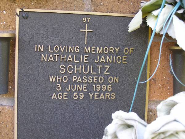 Nathalie Janice SCHULTZ,  | died 3 June 1996 aged 59 years;  | Lawnton cemetery, Pine Rivers Shire  | 