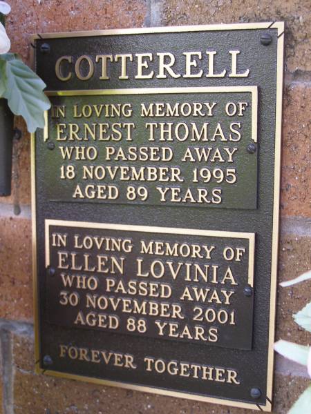 Ernest Thomas COTTERELL,  | died 18 Nov 1995 aged 89 years;  | Ellen Lovinia COTTERELL,  | died 30 Nov 2001 aged 88 years;  | Lawnton cemetery, Pine Rivers Shire  | 