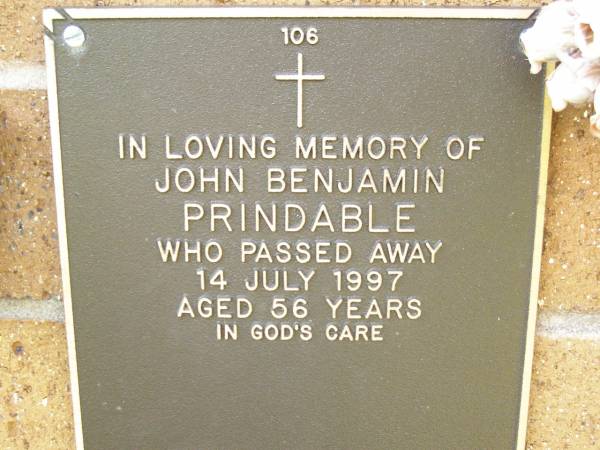 John Benjamin PRINDABLE,  | died 14 July 1997 aged 56 years;  | Lawnton cemetery, Pine Rivers Shire  | 