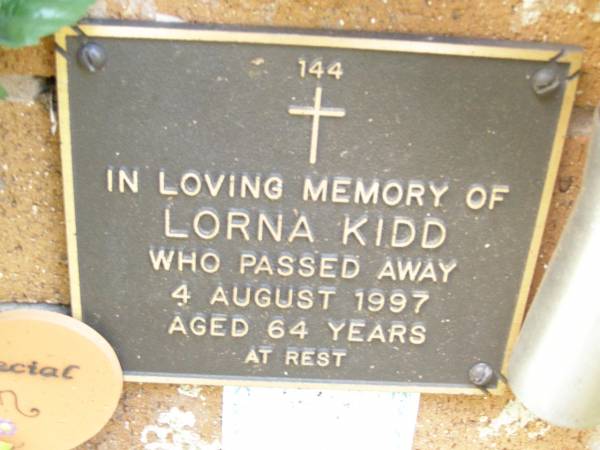Lorna KIDD,  | died 4 Aug 1997 aged 64 years;  | Lawnton cemetery, Pine Rivers Shire  | 