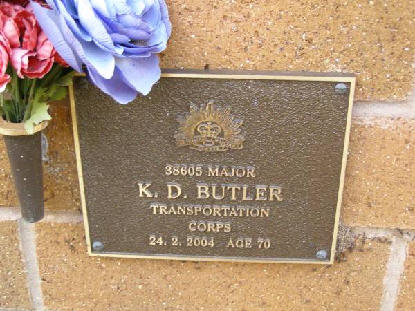 K.D. BUTLER,  | died 24-2-2004 aged 70 years;  | Lawnton cemetery, Pine Rivers Shire  | 