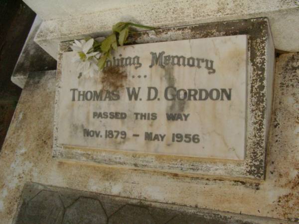 Thomas W.D. GORDON,  | Nov 1879 - May 1956;  | Lawnton cemetery, Pine Rivers Shire  | 