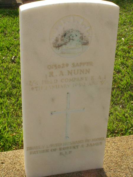 R.A. NUNN,  | died 10 Jan 1950 aged 30? years;  | husband of Mona,  | father of Robert & James;  | Lawnton cemetery, Pine Rivers Shire  | 