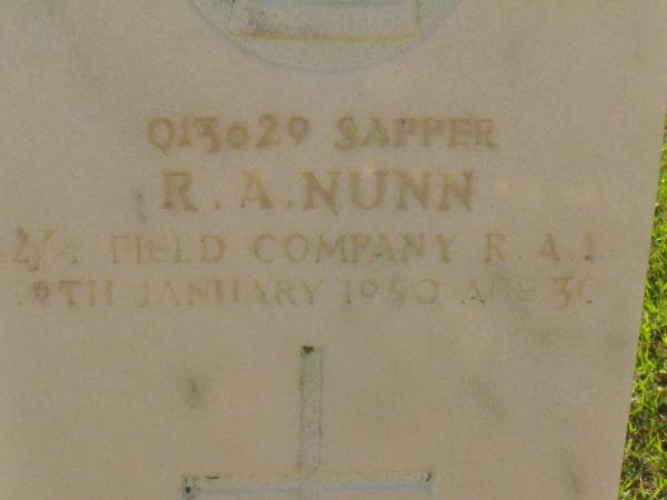 R.A. NUNN,  | died 10 Jan 1950 aged 30? years;  | husband of Mona,  | father of Robert & James;  | Lawnton cemetery, Pine Rivers Shire  | 