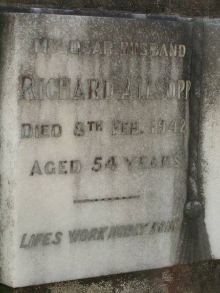 Richard ALLSOPP,  | died 8 Feb 1942 aged 54 years;  | Lawnton cemetery, Pine Rivers Shire  | 