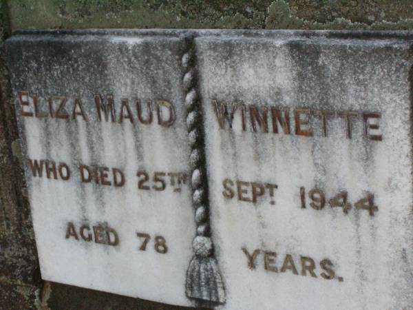 Eliza Maud WINNETTE,  | died 25 Sept 1944 aged 78 years;  | Lawnton cemetery, Pine Rivers Shire  | 