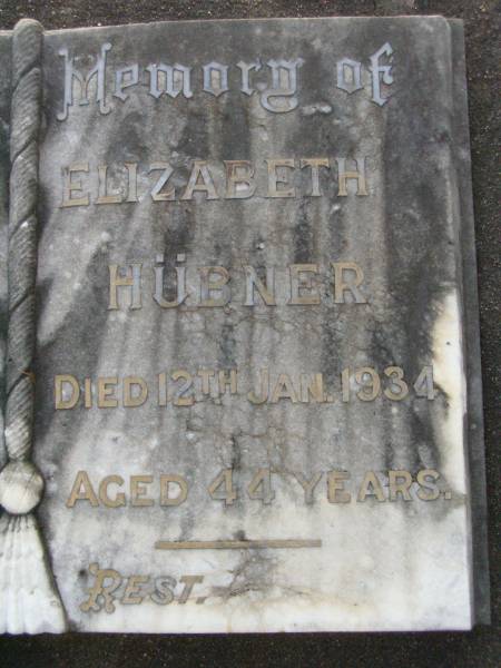 Geroge Michael HUBNER,  | died 22 April 1950 aged 76 years;  | Elizabeth HUBNER,  | died 12 Jan 1934 aged 44 years;  | Lawnton cemetery, Pine Rivers Shire  | 