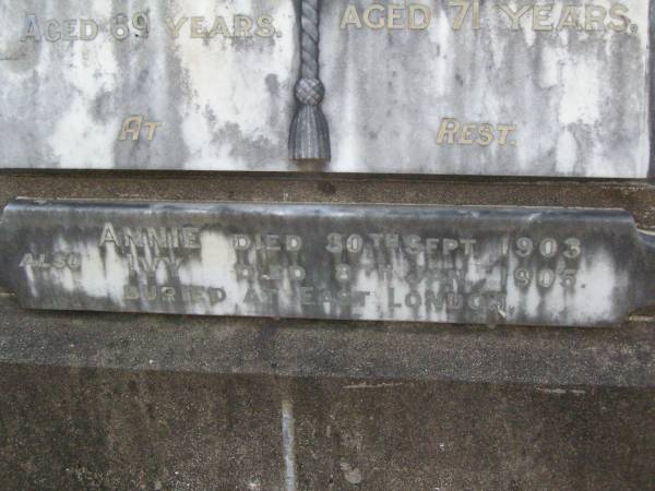 Edward S. ERSKINE,  | father,  | died 9 Jan 1934 aged 69 years;  | Annie ERSKINE,  | mother,  | died 24 June 1936 aged 71 years;  | Annie,  | died 30 Sept 1903;  | Ivay died 8 Jan 1905,  | buried East London;  | Lawnton cemetery, Pine Rivers Shire  | 