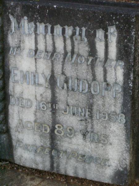 Charles GUDOPP,  | father,  | died 27 Sept 1931 aged 71 years;  | Emily GUDOPP,  | mother,  | died 16 June 1958 aged 89 years;  | Lawnton cemetery, Pine Rivers Shire  | 