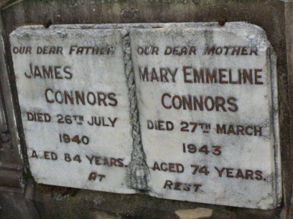 James CONNORS,  | father,  | died 26 July 1940 aged 84 years;  | Mary Emmeline CONNORS,  | mother,  | died 27 March 1943 aged 74 years;  | Lawnton cemetery, Pine Rivers Shire  | 
